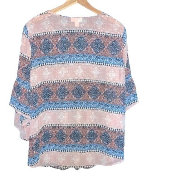 Style & Co Womens XL Sheer Pink & Blue Boho Printed Kimono Sleeve Blouse - Picture 3 of 4